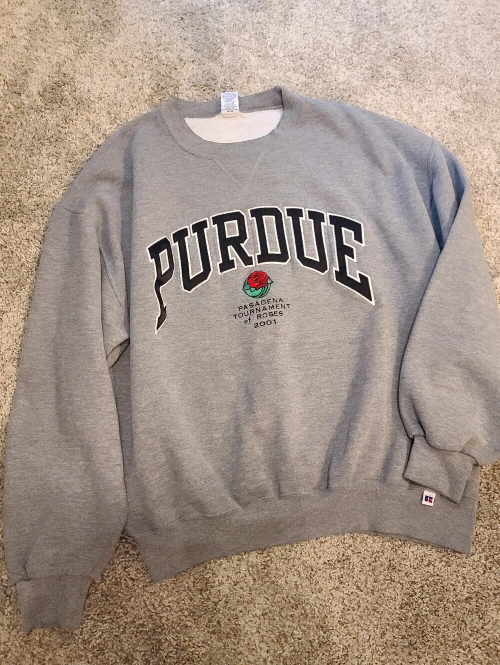 Men's XL, Vintage Russell Purdue Grey Crewneck Sweatshirt with Rose Bowl Logo
